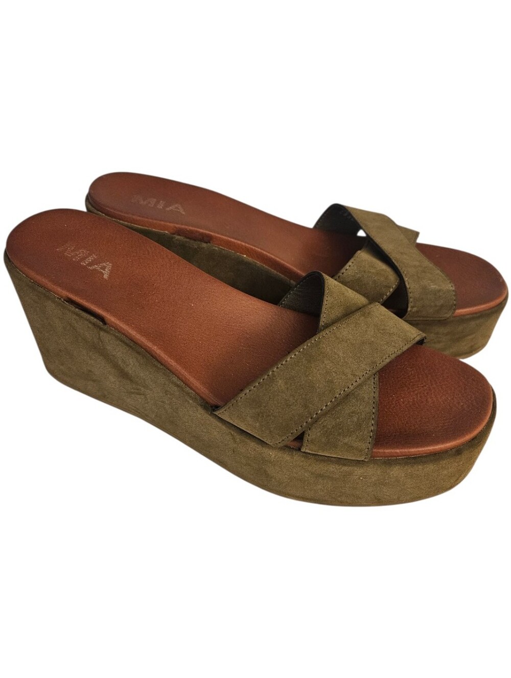 MIA Olive Green Suede Wedge Slide Sandals